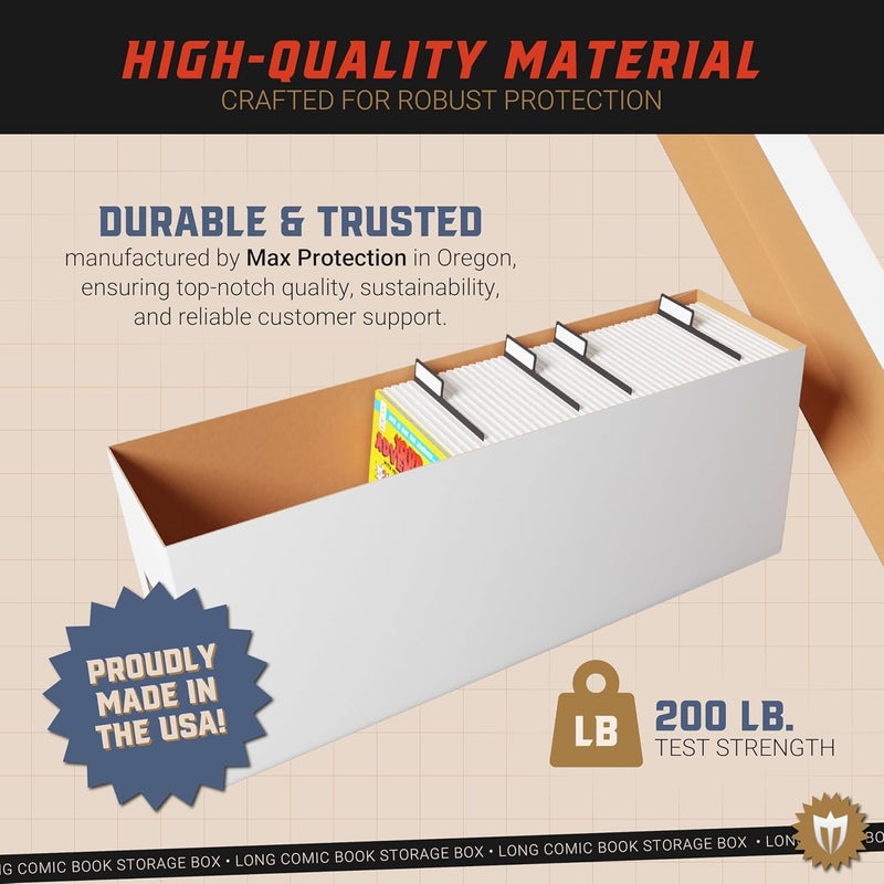 Max Protection Comic Book Storage Box - 5 Count Long ComicBook Boxes with White Corrugated Cardboard - Stackable Bin, Thick Case, Book Containers with Lid - Ideal for Comics, Magazines, Collectibles - Image 4